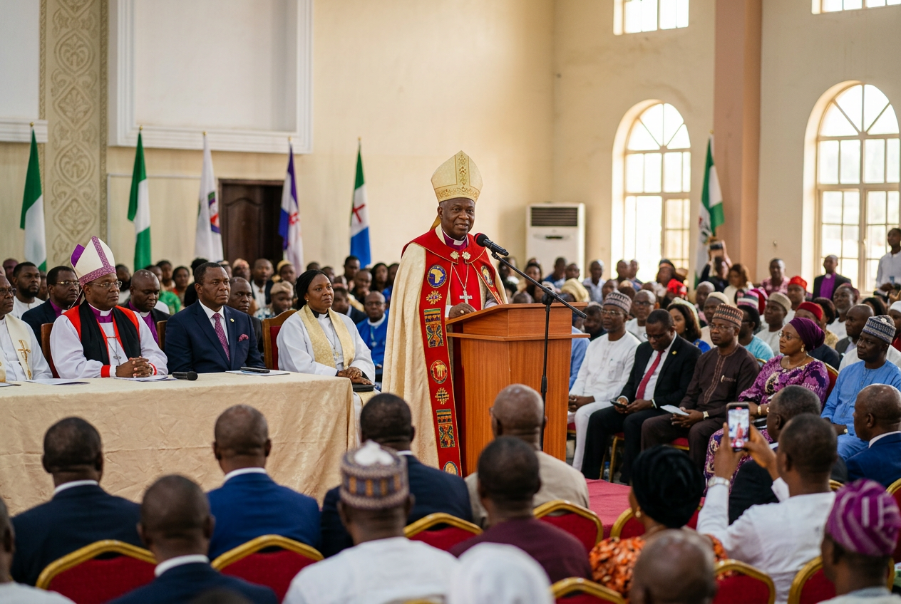 Who is the head of Christianity in Nigeria? Christian leaders and worshippers gathered at a Nigerian church service.