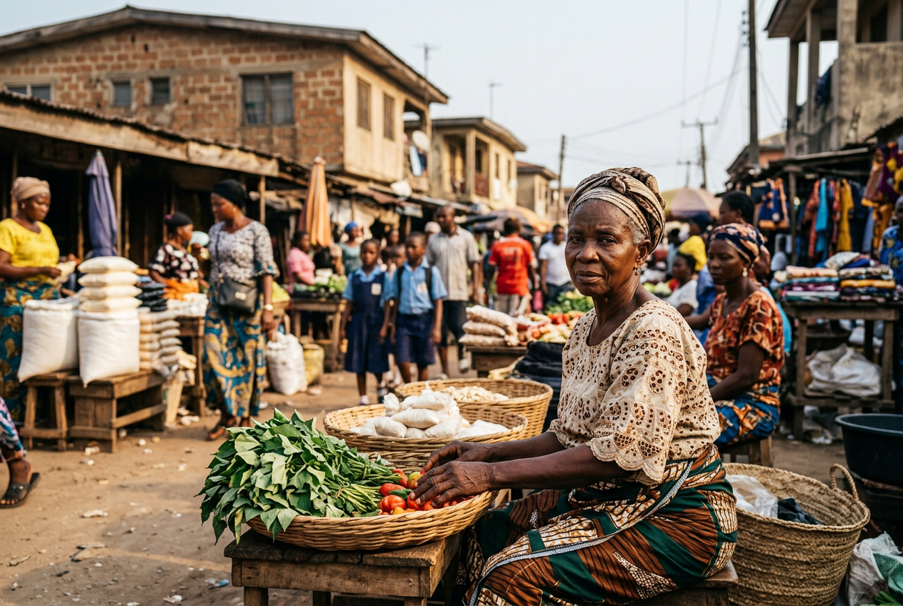 Older Nigerian woman selling fresh produce in a busy local market