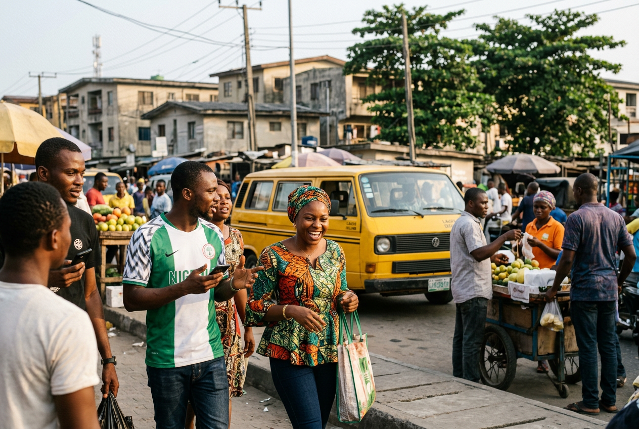 Bustling Nigerian street market with local residents and public transport, illustrating why Nigeria is important to the world through its large population, vibrant economy, culture, and commercial activity.
