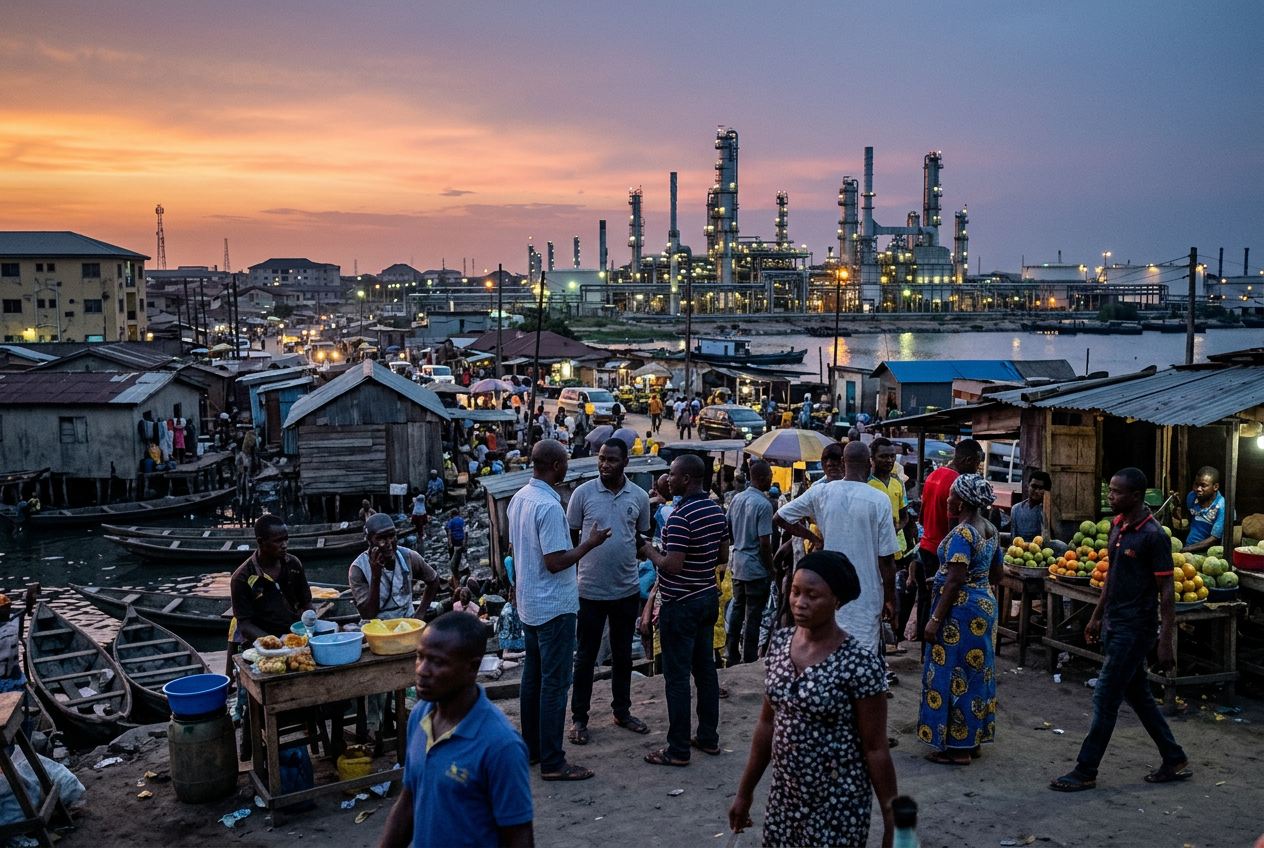 Nigerian workers and traders near an oil refinery and waterfront market, highlighting Nigeria’s oil wealth and economy