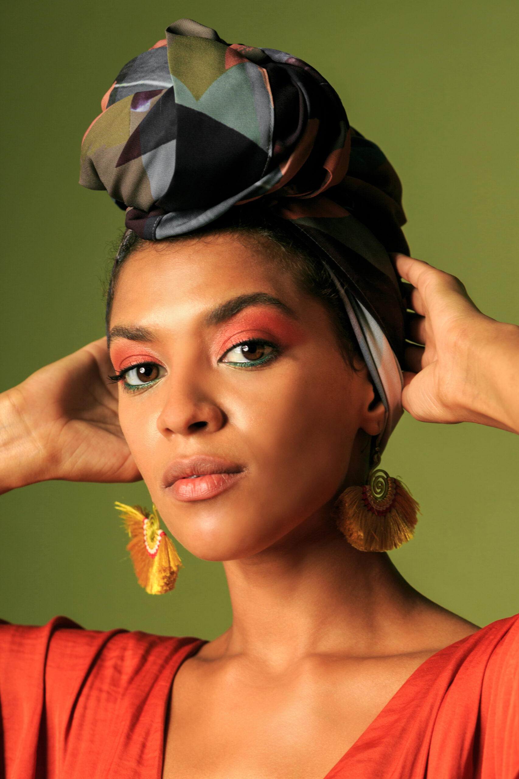 Young woman with bright styish make up.