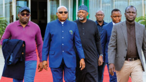 Rivers State Governor, Siminalayi Fubara (left); Vice President Kashim Shettima and others as the VP departs for the 81st Session of the United Nations General Assembly (UNGA), in New York, United States, yesterday.
