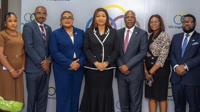 CAPITAL GLeft to Right: Bolatito Olujobi, Team Lead, Investment Banking, STL Capital & Advisory Limited; Oko U. Mba, Chief Financial Officer, STL Trustees Limited; Adesola Aje, Head, Trust Services, STL Trustees Limited; Funmi Ekundayo, Group Managing Director, STL Capital Group Limited; Akin Oni, Executive Director, STL Capital Group Limited; Simisola Ogunlade, Head, Human Resources, STL Capital Group Limited; Ahmed Olaitan Banu, Managing Director, STL Asset Management Limited, during the official launch of STL Capital Group, held in Lagos.ROUP PICTURE.jpg
