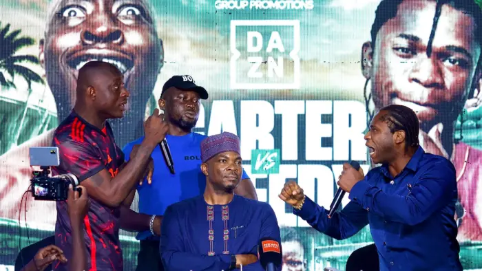 Carter Efe (left), Balmoral Promotions Ezekiel Adamu and Speed Darling during the Chaos in the Ring faceoff