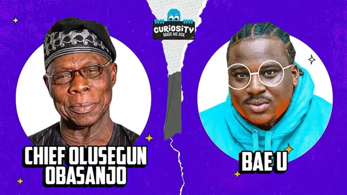 Former President Olusegun Obasanjo and skit maker Isbae U during the interview.