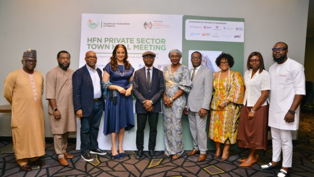 HFN President, Njide Ndili, and other private-sector leaders with Dr. Uzoma Nwankwo, Lead of the BHCPF MOC Secretariat, at the HFN Private Sector Town Hall in Lagos