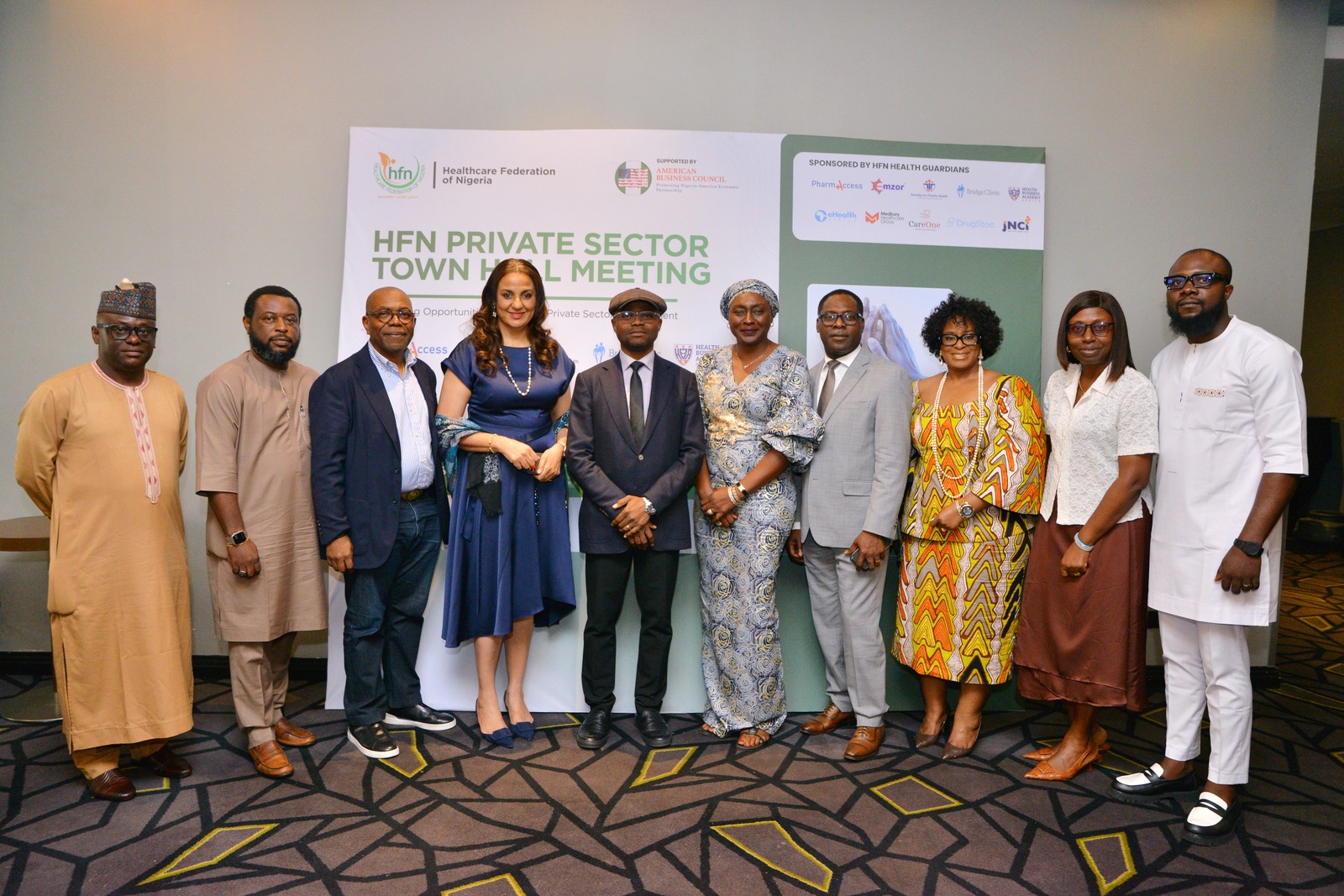 HFN President, Njide Ndili, and other private-sector leaders with Dr. Uzoma Nwankwo, Lead of the BHCPF MOC Secretariat, at the HFN Private Sector Town Hall in Lagos