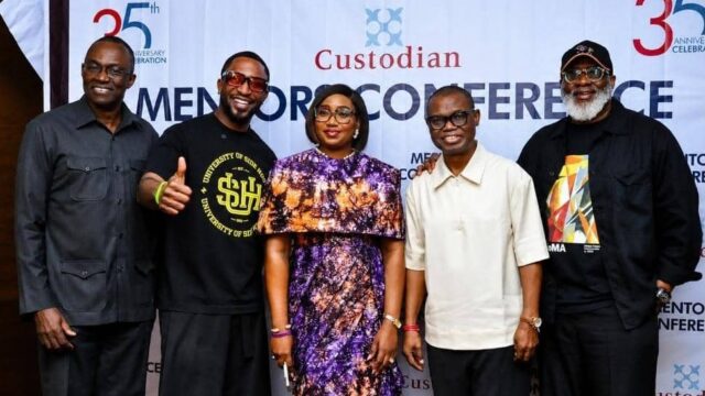 L-R: Group Managing Director, Custodian Investment PLC, Mr Wole Oshin; Showbiz Mogul, Darey Art Alade; Group CEO & Managing Director, TVC Communications, Victoria Abiola Ajayi; Founder & Principal Consultant, Alder Consulting, Leke Alder; and Chief Catalyst, OLCA Coaching Ltd, Dr Lanre Olusola, at the Custodian Mentors Conference 2026 in Lagos, organised as part of activities marking the 35th Anniversary of Custodian Investment PLC.