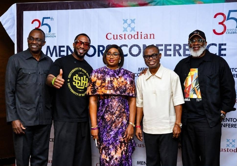 L-R: Group Managing Director, Custodian Investment PLC, Mr Wole Oshin; Showbiz Mogul, Darey Art Alade; Group CEO & Managing Director, TVC Communications, Victoria Abiola Ajayi; Founder & Principal Consultant, Alder Consulting, Leke Alder; and Chief Catalyst, OLCA Coaching Ltd, Dr Lanre Olusola, at the Custodian Mentors Conference 2026 in Lagos, organised as part of activities marking the 35th Anniversary of Custodian Investment PLC.