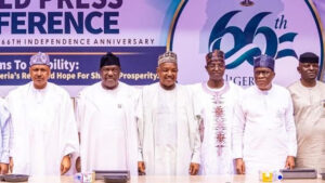 Minister of Information and National Orientation,  Mohammed Idris (left); Secretary to the Government of the Federation,  George Akume; Minister of Budget and Economic Planning, Atiku Bagudu and other members of the Federal Executive Council and dignitaries at the World Press Conference organised to commemorate Nigeria’s 66th Independence Anniversary in Abuja, yesterday. 			                   PHOTO: LUCY LADIDI ATEKO