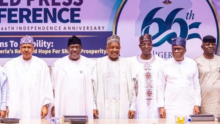 Minister of Information and National Orientation,  Mohammed Idris (left); Secretary to the Government of the Federation,  George Akume; Minister of Budget and Economic Planning, Atiku Bagudu and other members of the Federal Executive Council and dignitaries at the World Press Conference organised to commemorate Nigeria’s 66th Independence Anniversary in Abuja, yesterday. 			                   PHOTO: LUCY LADIDI ATEKO