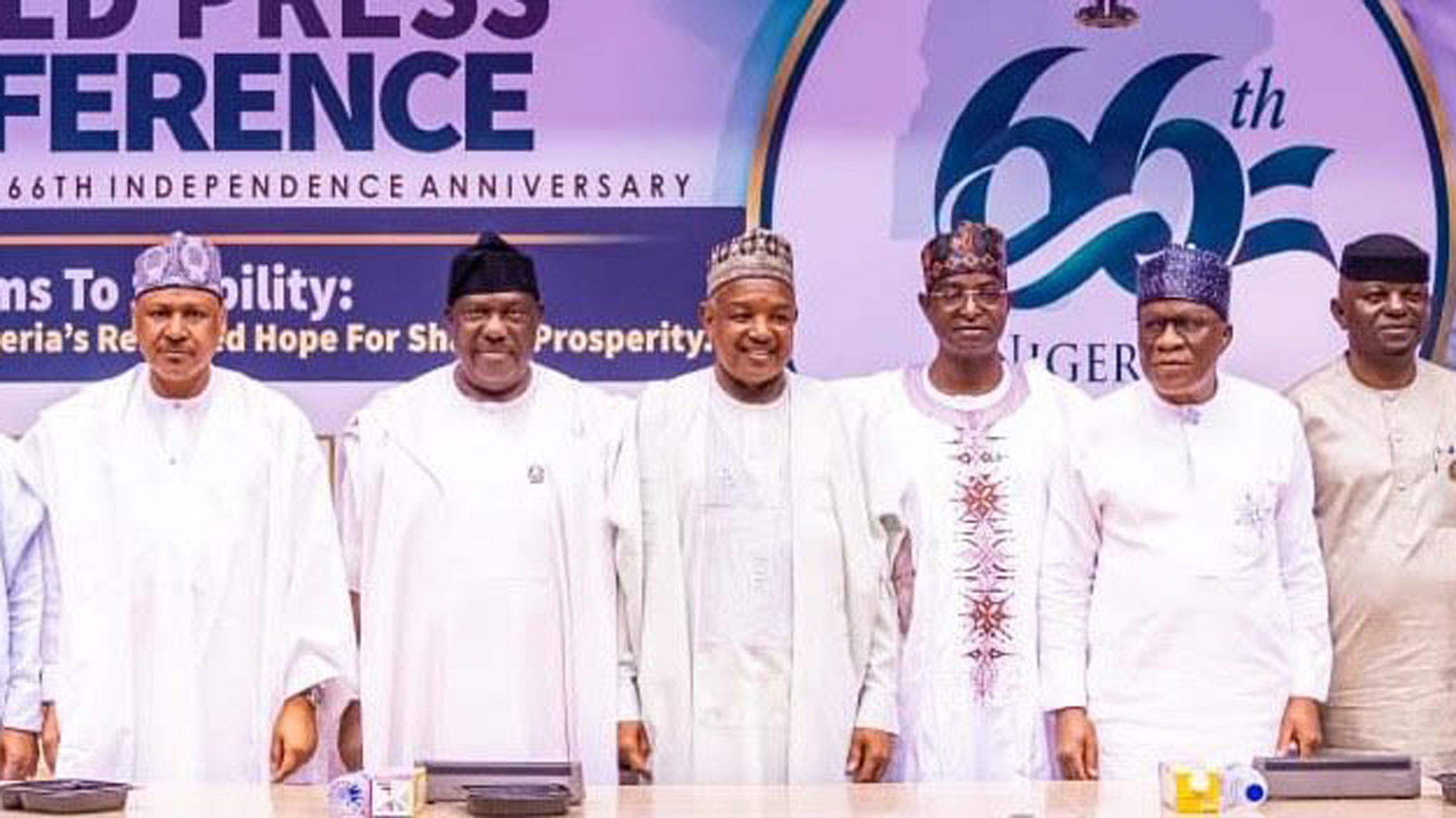 Minister of Information and National Orientation,  Mohammed Idris (left); Secretary to the Government of the Federation,  George Akume; Minister of Budget and Economic Planning, Atiku Bagudu and other members of the Federal Executive Council and dignitaries at the World Press Conference organised to commemorate Nigeria’s 66th Independence Anniversary in Abuja, yesterday. 			                   PHOTO: LUCY LADIDI ATEKO