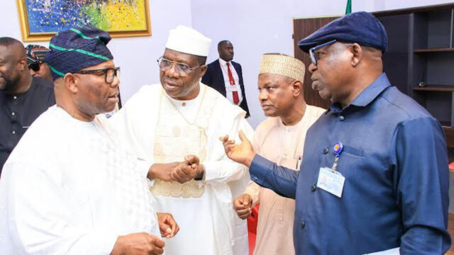Senate President, Godswill Akpabio (left); Senate Leader, Opeyemi Bamidele; Secretary, Finance and Accounts, National Assembly, Atiku Ibrahim and Clerk of the National Assembly, Kamoru Ogunlana, after the extension of the implementation of the capital component of the 2025 budget at the Senate Chamber, National Assembly Complex, Abuja, yesterday.