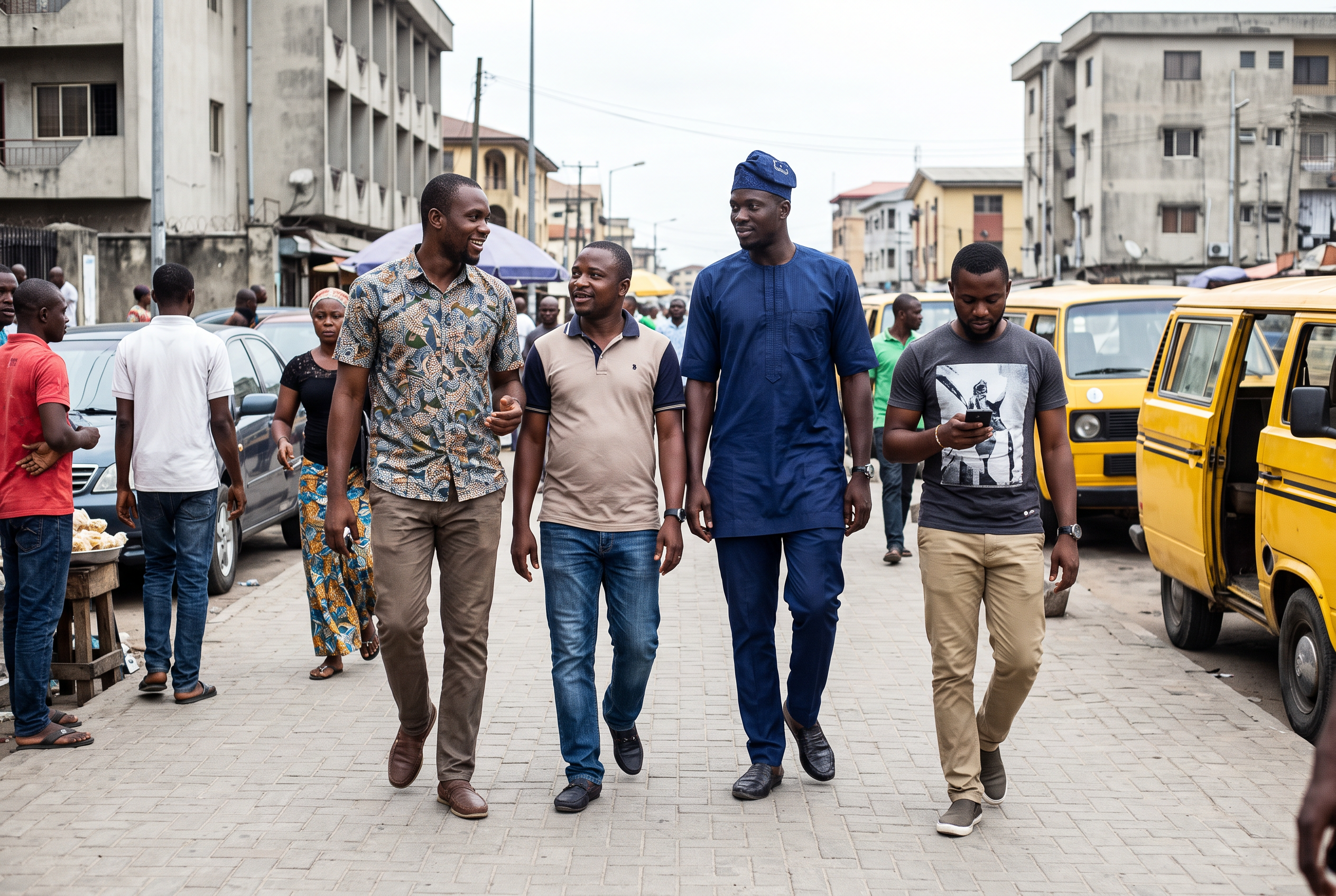 Group of Nigerian men walking together in an urban Nigerian neighbourhood