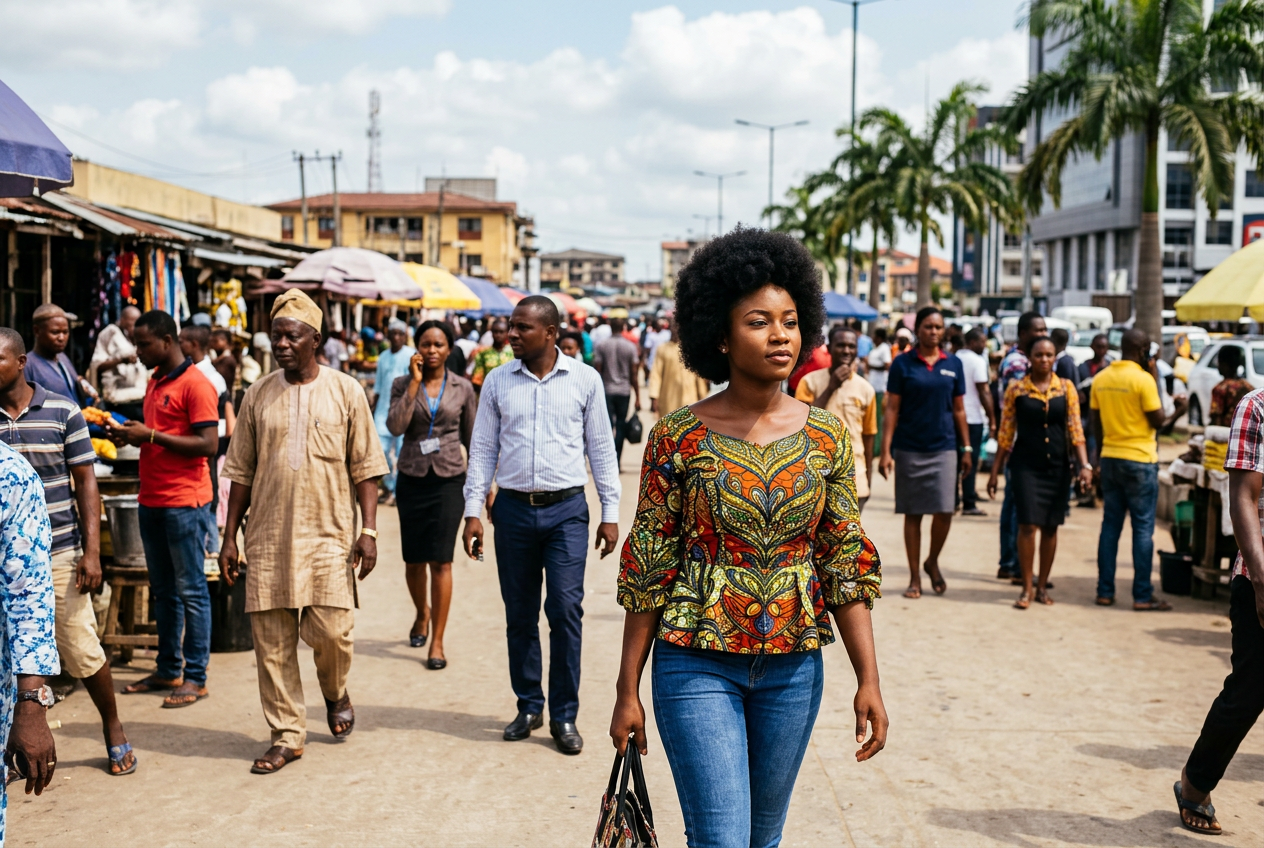 Nigerian people walking through a busy market, illustrating individualism and social values in Nigeria