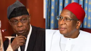 Former President, Chief Olusegun Obasanjo (L), former National Chairman of the People’s Democratic Party (PDP), Alhaji Bamanga Tukur (R)