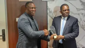 President of MARCON, Ismail Aniemu (left) and Director General of NPERA, Dr Pius Akutah at the NPERA Headquarters in Lagos.