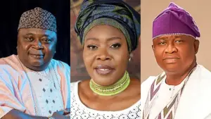 L-R: The Peoples Democratic Party (PDP) Ogun State governorship candidate 2027 election, Ladi Adebutu,  Chieftain of Peoples Democratic Party(PDP), Folake Marcus-Bello, All Progressives Congress (APC) Ogun State governorship candidate , Senator Solomon Adeola