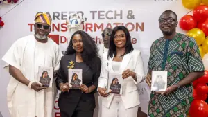 Captain Dele Alegbe (left); The Author, Dr. Adeshola Cole-Alegbe; Guest of Honour, Olori, Queen Ashley Afolashade Ojaja Ogunwusi and Book Reviewer, Femi Odeyemi at the event.