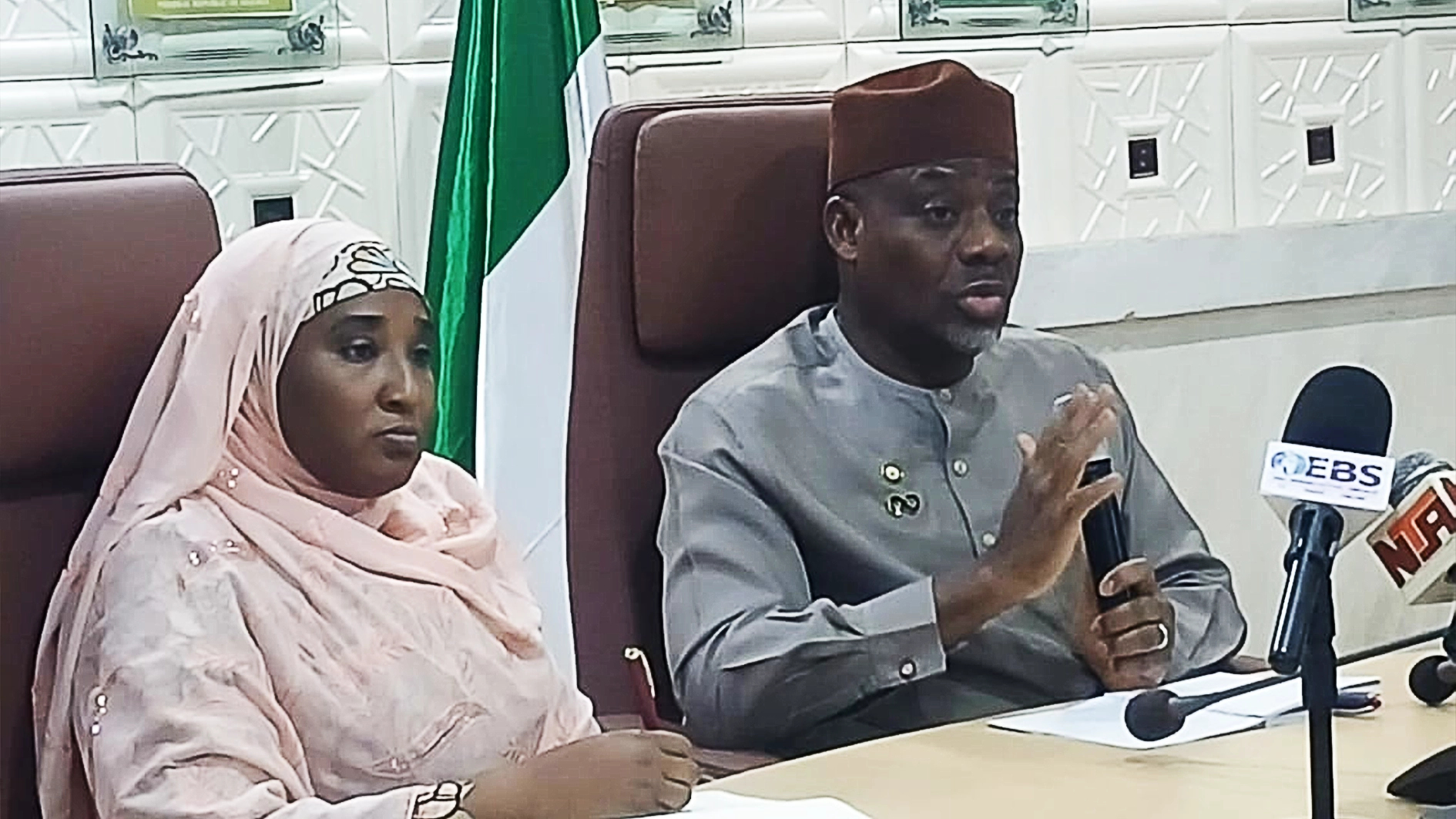 Minister of State for Education, Prof. Suwaiba Ahmad (left), and Minister of Education, Dr Tunji Alausa, during a media briefing on King’s College Lagos concession update in Abuja, at the weekend.                    PHOTO: NAN