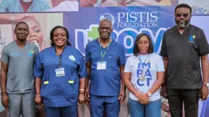 Resident Pastor, The Elevation Church, Ibadan, Pastor Oluwaseun Afolayan (left); ⁠Mrs. Isimeme Preye; Founder/ Executive Director of Prohealth International, Dr Iko Ibanga; Chairperson Partnership & Communications Sub-committee, Sowari Akosionu and the Executive Director, Pistis Foundation Leonard Thomas at the kick-off of Ubomi 2026 Medical Outreach in Ibadan.