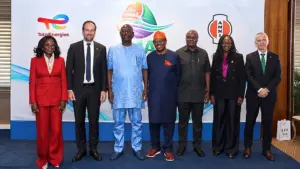 Special Adviser to the President on Energy, Olu Verheijen (left); Managing Director/Chief Executive, TotalEnergies EP Nigeria, Matthieu Bouyer;  Minister of State for Petroleum Resources (Oil), Senator Heineken Lokpobiri; Chairman/Chief Executive Officer, AMNI International Petroleum Development Company,Dr Tunde J. Afolabi; Chief of Staff to the Governor of Rivers State, Sunny Ewule; Commission Chief Executive, Nigerian Upstream Petroleum Regulatory Commission (NUPRC), Mrs Oritsemeyiwa Eyesan and Deputy Managing Director, JV Assets, TotalEnergies EP Nigeria, Oliver Cassassoles, during the Amni International Petroleum Development Company & TotalEnergies EP Nigeria IMA FID Ceremony held at Transcorp Hilton, Abuja.