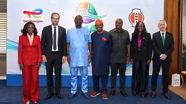Special Adviser to the President on Energy, Olu Verheijen (left); Managing Director/Chief Executive, TotalEnergies EP Nigeria, Matthieu Bouyer;  Minister of State for Petroleum Resources (Oil), Senator Heineken Lokpobiri; Chairman/Chief Executive Officer, AMNI International Petroleum Development Company,Dr Tunde J. Afolabi; Chief of Staff to the Governor of Rivers State, Sunny Ewule; Commission Chief Executive, Nigerian Upstream Petroleum Regulatory Commission (NUPRC), Mrs Oritsemeyiwa Eyesan and Deputy Managing Director, JV Assets, TotalEnergies EP Nigeria, Oliver Cassassoles, during the Amni International Petroleum Development Company & TotalEnergies EP Nigeria IMA FID Ceremony held at Transcorp Hilton, Abuja.