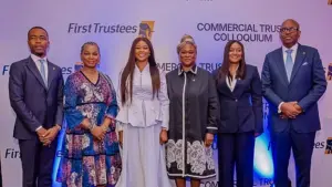 From L-R: Dr. Julius B. Omodayo-Owotuga, Executive Director, Strategy & Transformation, First Bank of Nigeria Limited; Adeyemi Adebisi, Director, First Trustees Limited; Ereifemi Akeredolu, Managing Director/CEO, First Trustees Limited; Yewande Amusan, Chairman, FirstCap Limited; Fiona Ahimie, Managing Director/CEO, First Securities Brokers Limited; and Wale Oyedeji, Group Managing Director, First HoldCo Plc., at the First Trustees maiden edition of the Commercial Trust Colloquium recently held in Lagos, Nigeria.