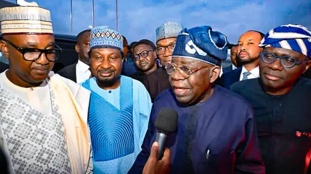 President Bola Tinubu (second right) being welcomed by the Speaker, House of Representatives, Tajudeen Abbas (left); Deputy Senate President, Barau Jibrin and Lagos State Governor Babajide Sanwo-Olu after his working leave to France, at Murtala Muhammed International Airport, Lagos, yesterday.