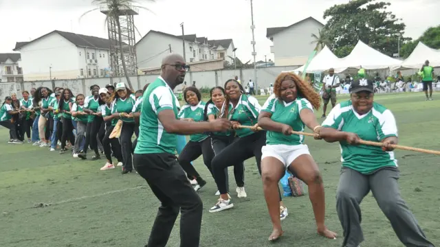 Glo Ladies battling with men in the tug-of-war at the Glo FitFest 2026 held at The Stable, Surulere, Lagos at the weekend.