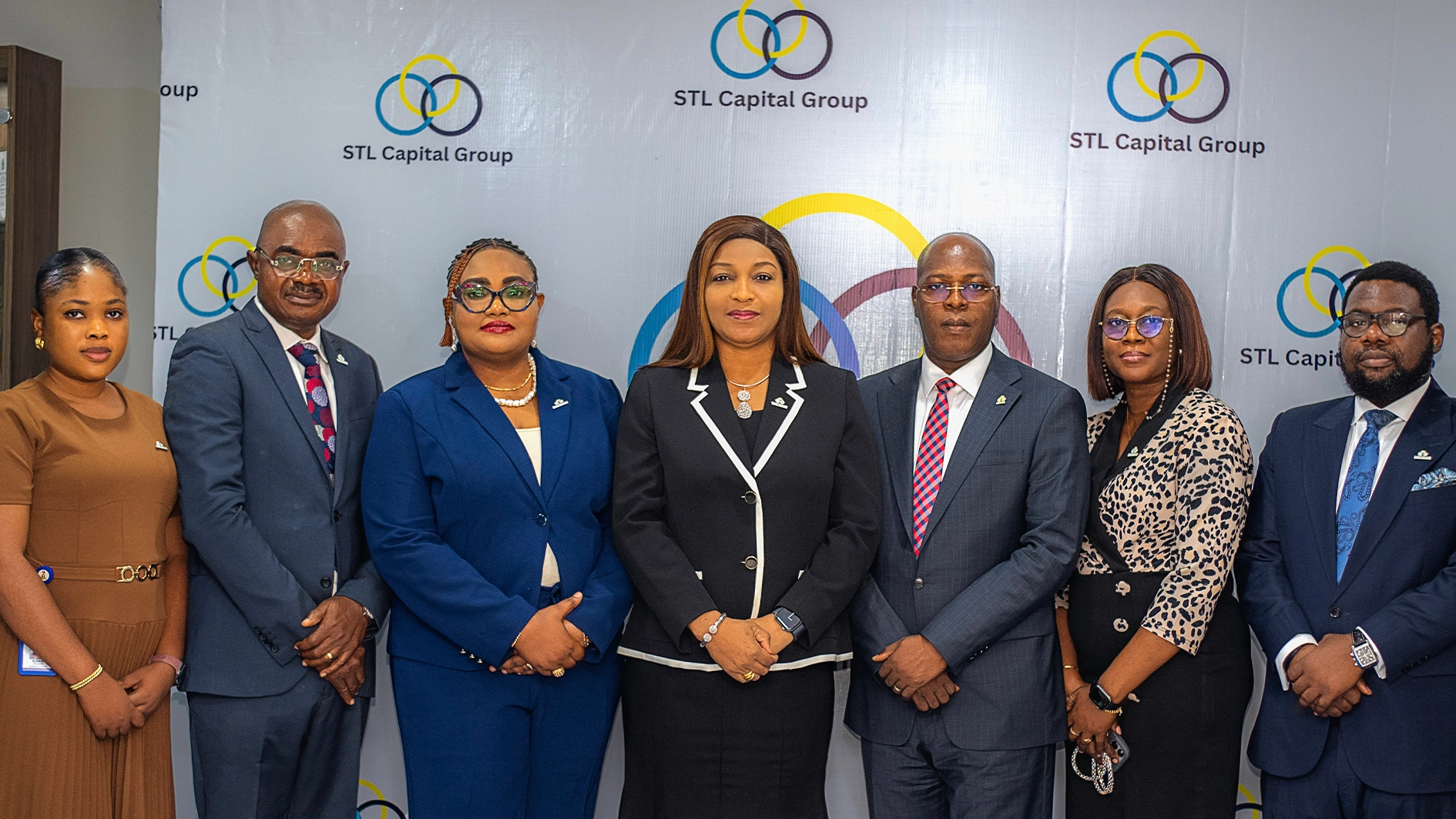 Left to Right: Bolatito Olujobi, Team Lead, Investment Banking, STL Capital & Advisory Limited; Oko U. Mba, Chief Financial Officer, STL Trustees Limited; Adesola Aje, Head, Trust Services, STL Trustees Limited; Funmi Ekundayo, Group Managing Director, STL Capital Group Limited; Akin Oni, Executive Director, STL Capital Group Limited; Simisola Ogunlade, Head, Human Resources, STL Capital Group Limited; Ahmed Olaitan Banu, Managing Director, STL Asset Management Limited, during the official launch of STL Capital Group, held in Lagos.