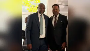 (L-R) Former Minister and Special Adviser to the President on Media and Public Communications, Chief Sunday Dare; and Nigerian investment educator and business strategist, Dr Femi Joshua, during the Investors Connect London 2026 in London