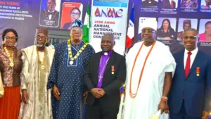 Immediate Past President, Nigerian Institute of Management (NIM) Chartered, Dr Christiana Atako, (left); Past President, NIM, Akinbayo Adenubi; President, NIM, Commodore Abimbola Ayuba (rtd.);  President, Christian Association of Nigeria, Dr Daniel Okoh; the Alara of Ilara Kingdom, Epe Division and Keynote Speaker, Dr Olufolarin Ogunsanwo; and Dr. Dakuku Peterside, Main Theme Speaker at the 2026 yearly national management conference of the institute in Lagos.