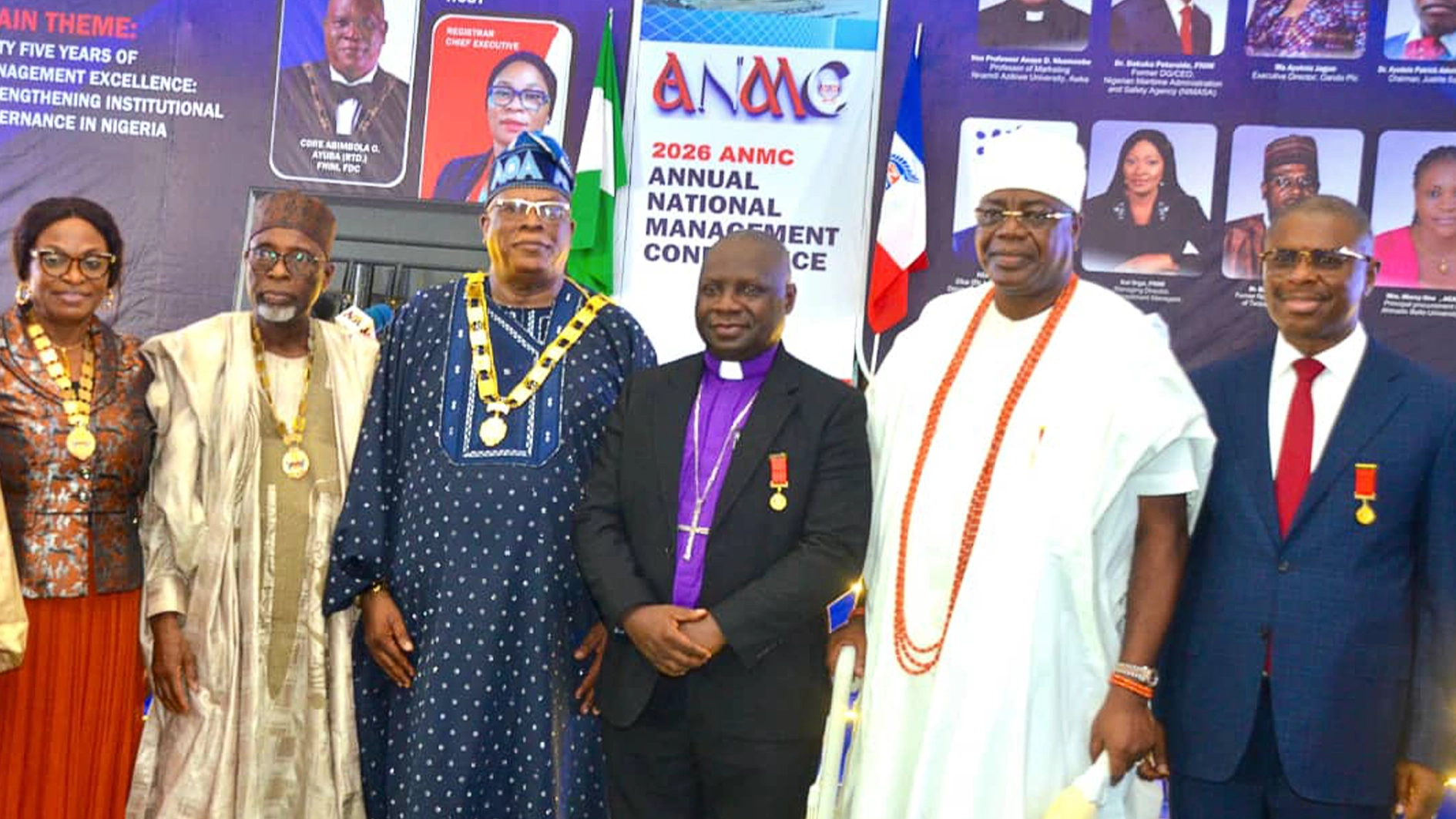 Immediate Past President, Nigerian Institute of Management (NIM) Chartered, Dr Christiana Atako, (left); Past President, NIM, Akinbayo Adenubi; President, NIM, Commodore Abimbola Ayuba (rtd.);  President, Christian Association of Nigeria, Dr Daniel Okoh; the Alara of Ilara Kingdom, Epe Division and Keynote Speaker, Dr Olufolarin Ogunsanwo; and Dr. Dakuku Peterside, Main Theme Speaker at the 2026 yearly national management conference of the institute in Lagos.