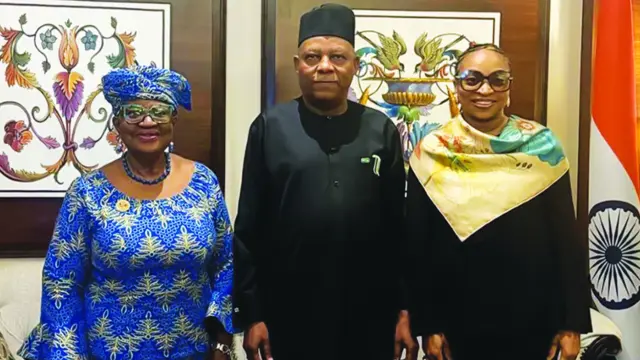 Director-General, World Trade Organisation (WTO), Ngozi Okonjo-Iweala (left); Vice President, Kashim Shettima and Minister of Industry, Trade and Investment, Dr. Jumoke Oduwole, after a meeting on global trade issues and their impact on Nigeria and Africa, on the sidelines of the just concluded BRICS held in Delhi, India…recently.