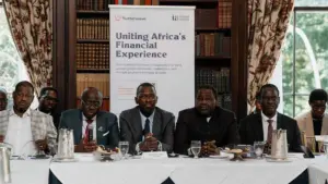 Katsina State Governor Dikko Radda(left); Lagos State Governor Babajide Sanwo-Olu; Flutterwave Founder and CEO Olugbenga Agboola; Deputy Chief of Staff to the President Senator Ibrahim Hassan Hadejia and Minister of Finance Taiwo Oyedele at the Flutterwave UNGA Executive Roundtable in New York.