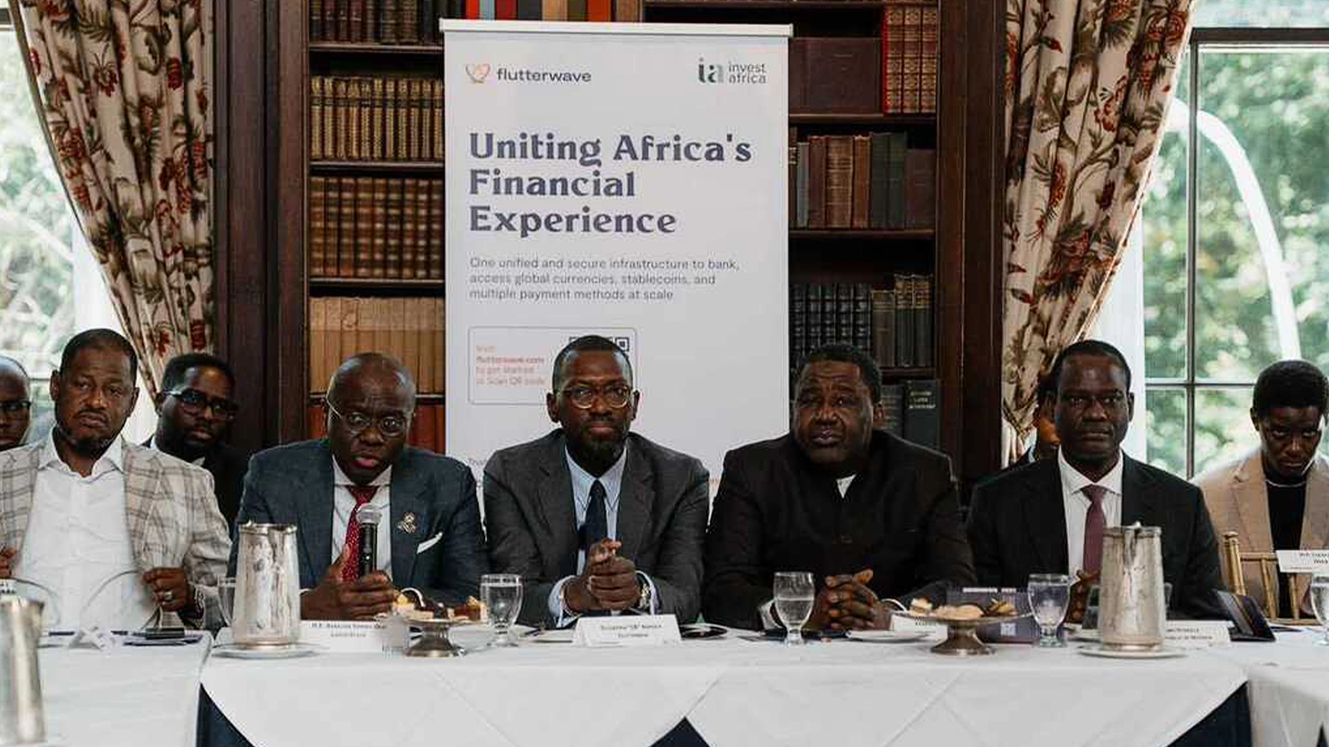 Katsina State Governor Dikko Radda(left); Lagos State Governor Babajide Sanwo-Olu; Flutterwave Founder and CEO Olugbenga Agboola; Deputy Chief of Staff to the President Senator Ibrahim Hassan Hadejia and Minister of Finance Taiwo Oyedele at the Flutterwave UNGA Executive Roundtable in New York.