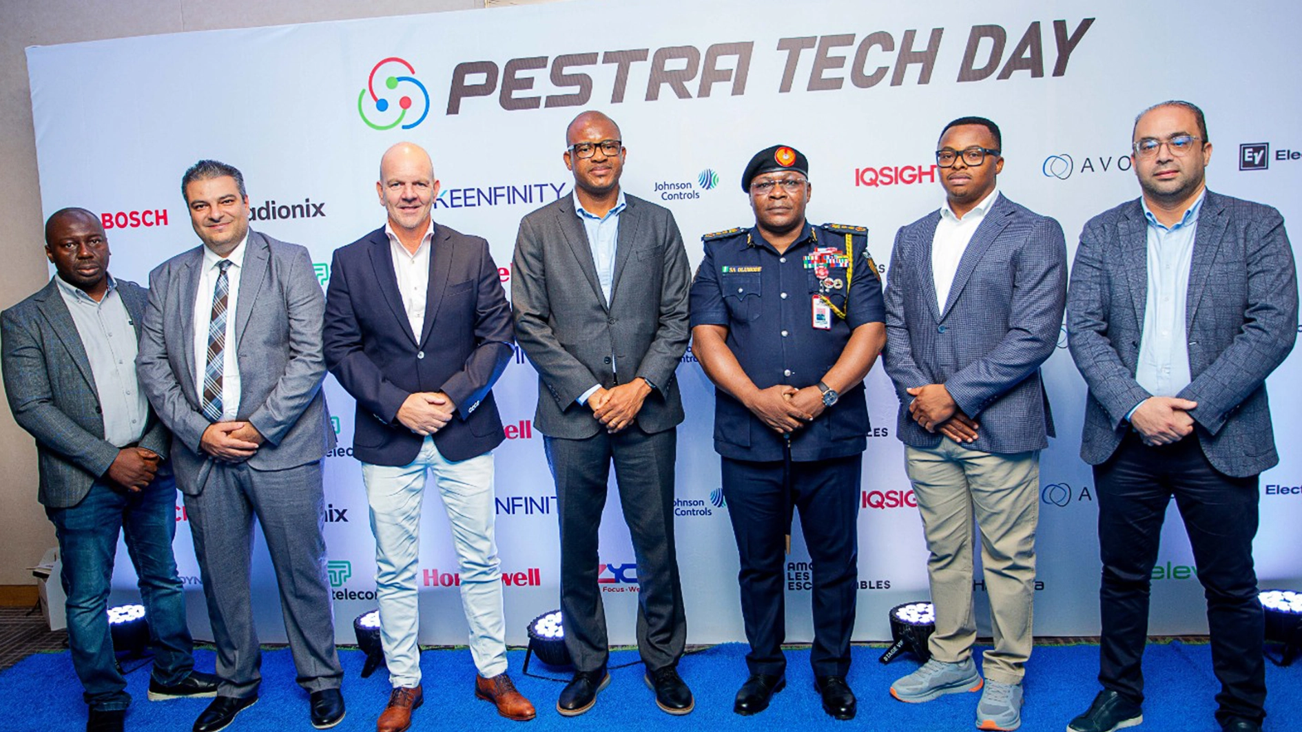 Director Of Operations for Pestra Ltd, Ekainu Achukwu (left); Senior Territory Manager at Honeywell Technologies,  Ziad Hafez; Managing Director Of Telecom PTS , Theo Everaers; Managing Director of Pestra Ltd, Paul Nwokolo; The Controller General of the Federal Fire Service, S.A. Olumode; Specialist Adoption Architect at Red Hat, Francis Anyaegbu; Hanwha Vision’s Regional Manager for Africa, Mr. Abbassy Omar at the Pestra Tech Day, held in Lagos.