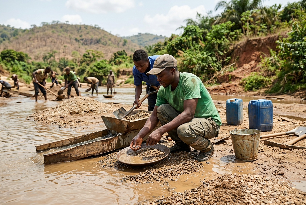 Artisanal miners searching for diamonds and gold in Nigeria's mineral-rich riverbed