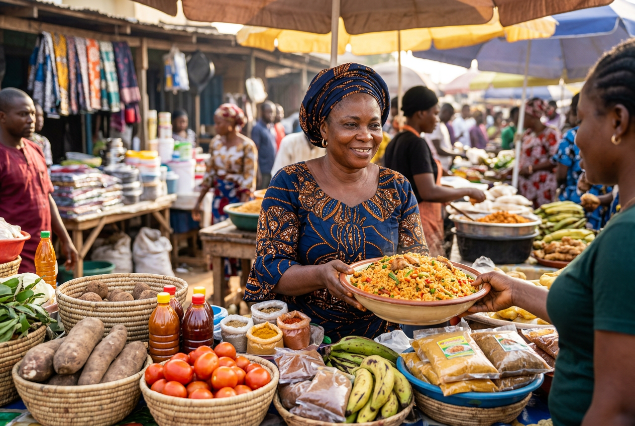 Market stall displaying famous Nigerian food and local produce like yams, spices, and plantains, showcasing authentic goods made in Nigeria.
