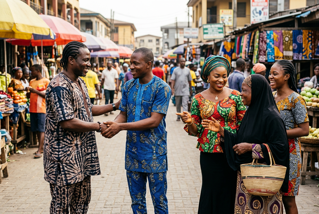 People greeting and socialising in Nigeria at a busy local market