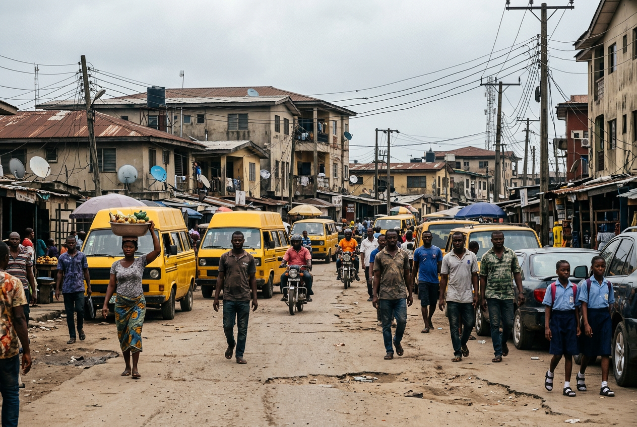 Busy Nigerian urban street showing everyday challenges of living in Nigeria