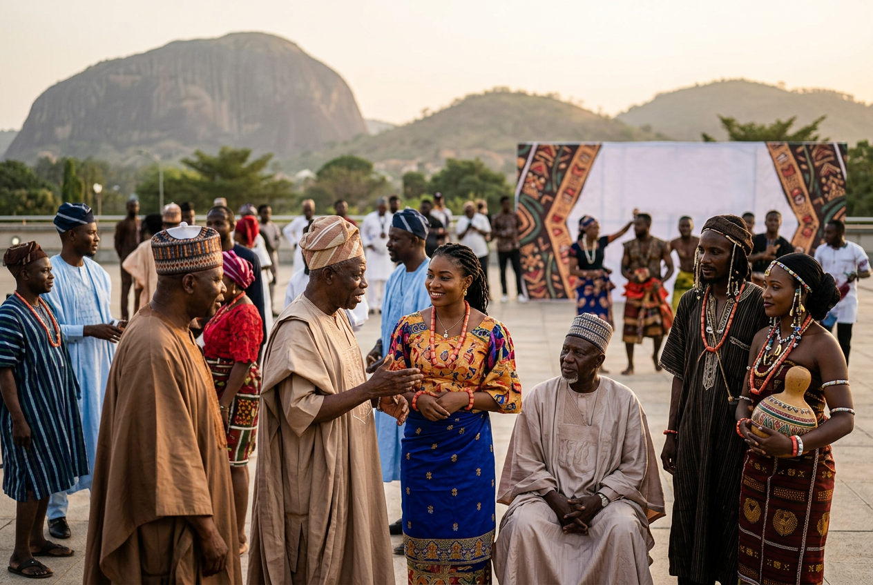 Diverse group of Nigerian elders and youths representing the top 5 ethnic groups dressed in traditional attire near Zuma Rock.