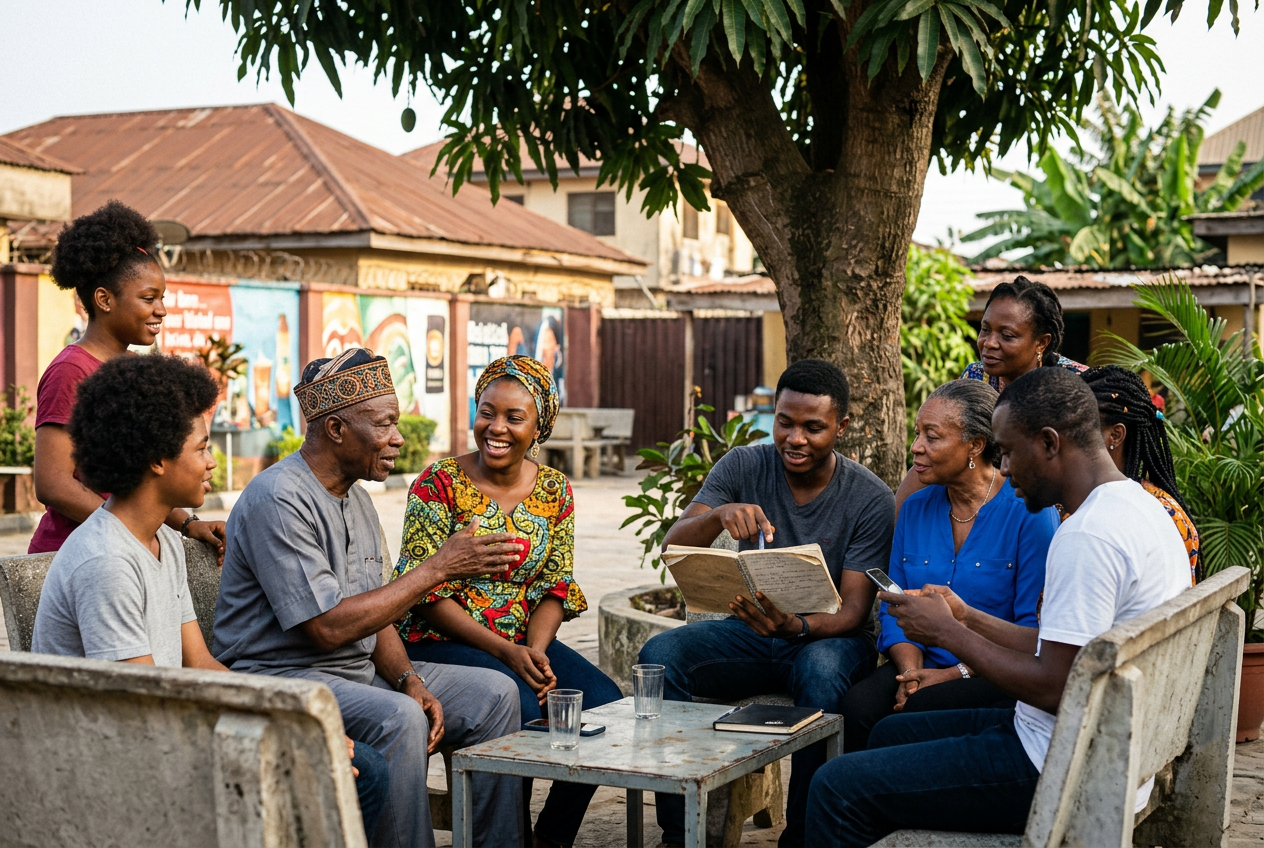 A group of Nigerians gathered outdoors conversing and reading, illustrating the diverse languages spoken in Nigeria.