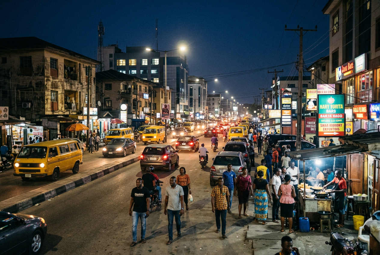 Bustling street scene at night in Lagos, answering which city never sleeps in Nigeria with active local markets, street vendors, and continuous traffic.