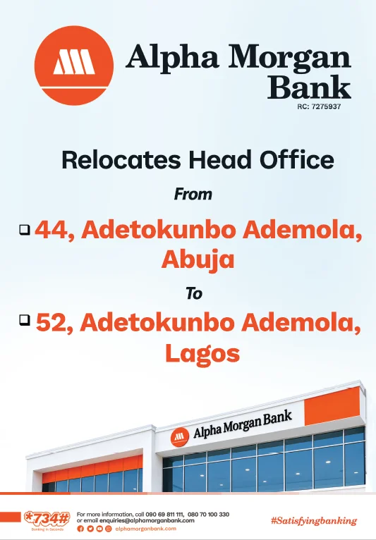 Alpha Morgan Bank has relocated its head office to Lagos.