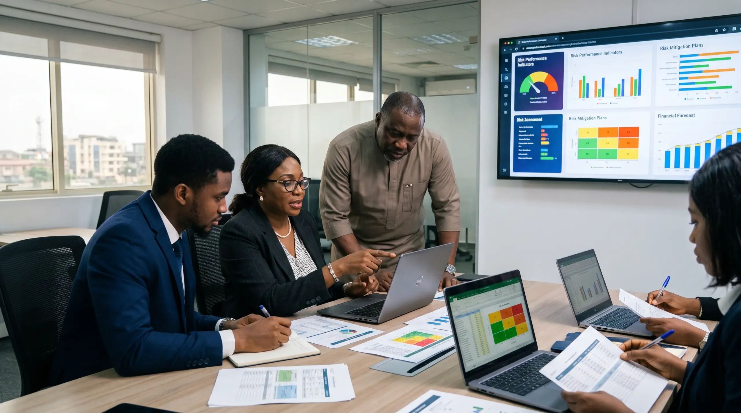 Business executives reviewing financial information and corporate risk indicators to support strategic decisions.