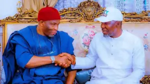 Deputy Speaker of the House of Representatives, Benjamin Okezie Kalu, and the convener of the PBAT Door-to-Door Movement, High Chief Government Ekpemupolo, popularly known as Tompolo
