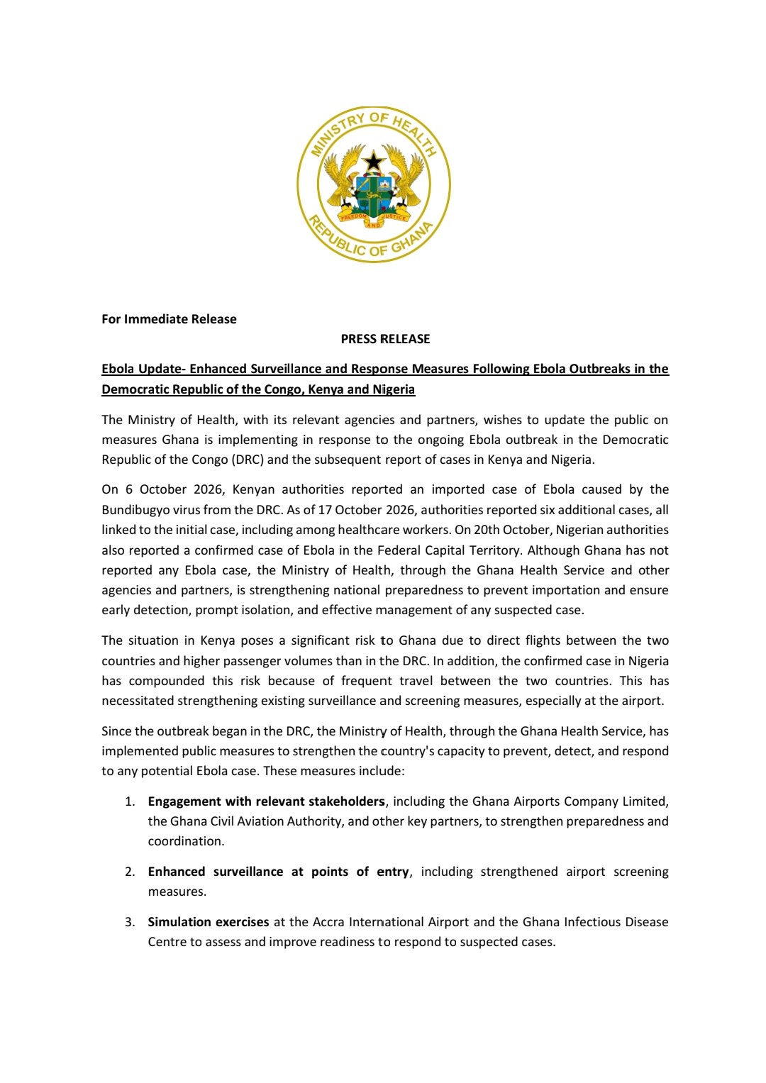 Ghanaian Ministry of Health said it was intensifying measures to prevent the importation of the virus