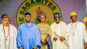L-R: The Akarigbo and Paramount Ruler of Remoland, Oba Adewale Ajayi; Ogun State Governor, Prince Dapo Abiodun; his wife, Mrs Bamidele Abiodun; Chairman of the occasion, Olorogun Sunny Kuku; and the newly inaugurated President of the Sagamites Club, Engr. Oladimeji Oresanya, during his investiture as the 19th President of the club on Saturday in Sagamu.